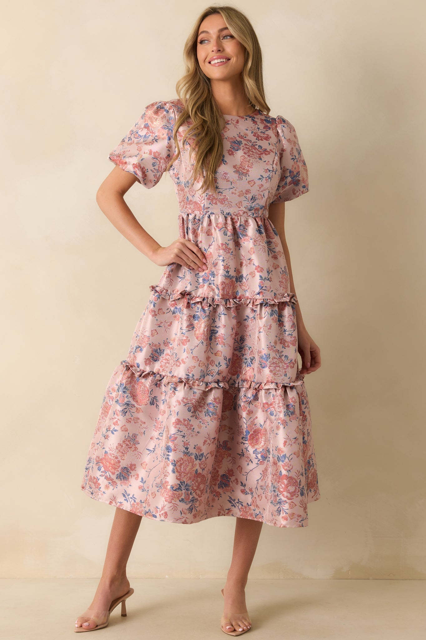 Follow My Lead Mauve Floral Jacquard Midi Dress