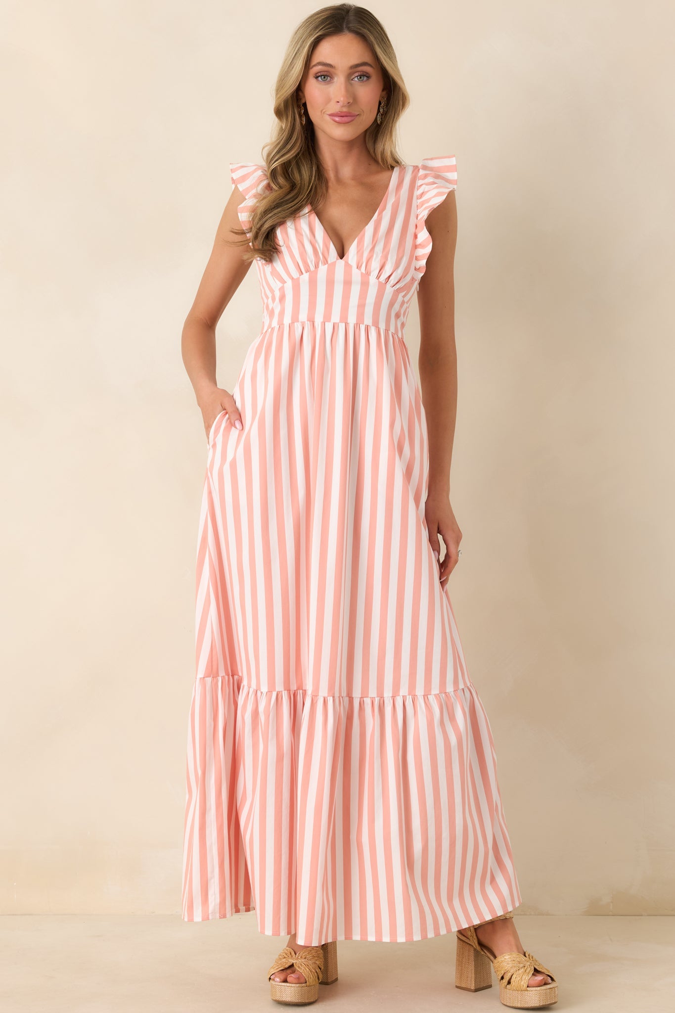 Sunset on the Shore Coral Orange Stripe Tie-Back Tiered Maxi Dress