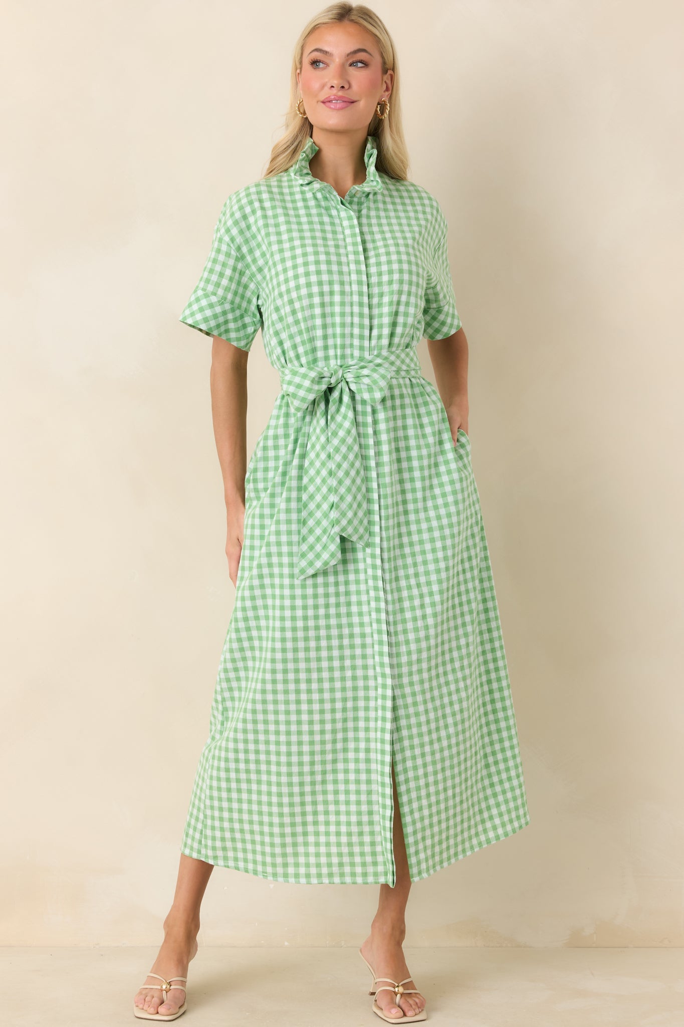Check Me Out Green Gingham Ruffle Collar Belted Maxi Dress