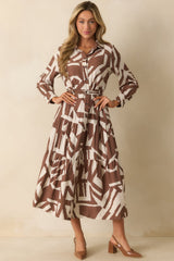 Straight To The Point Brown Abstract Print Belted Maxi Shirt Dress
