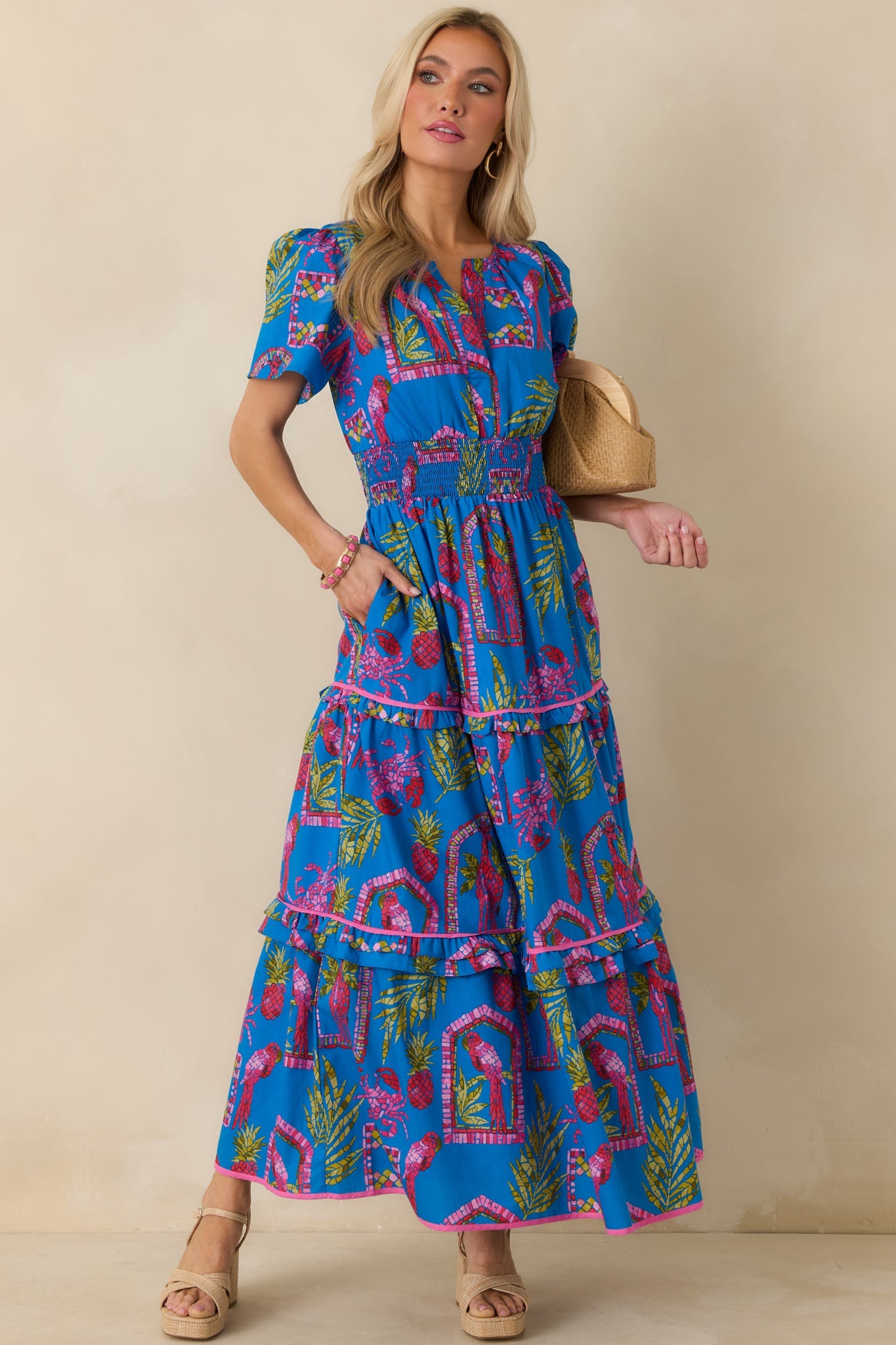 Postcards From Paradise Blue Multi Cotton Tropical Mosaic Print Tiered Maxi Dress