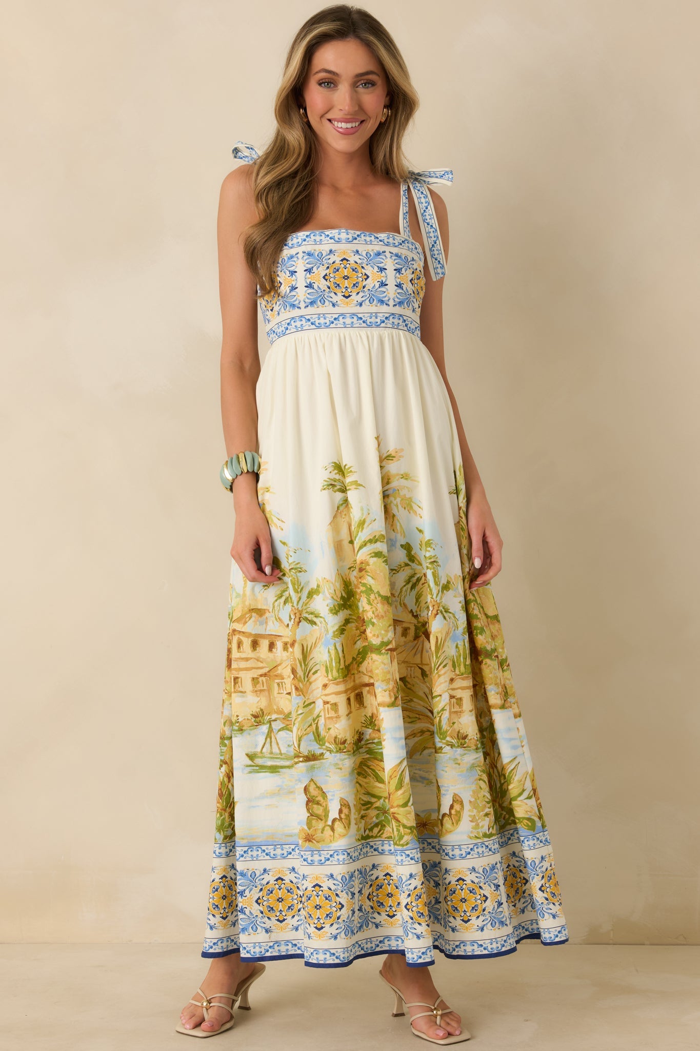 Paradise in Sunlight Ivory Multi Tie-Strap Cotton Maxi Dress