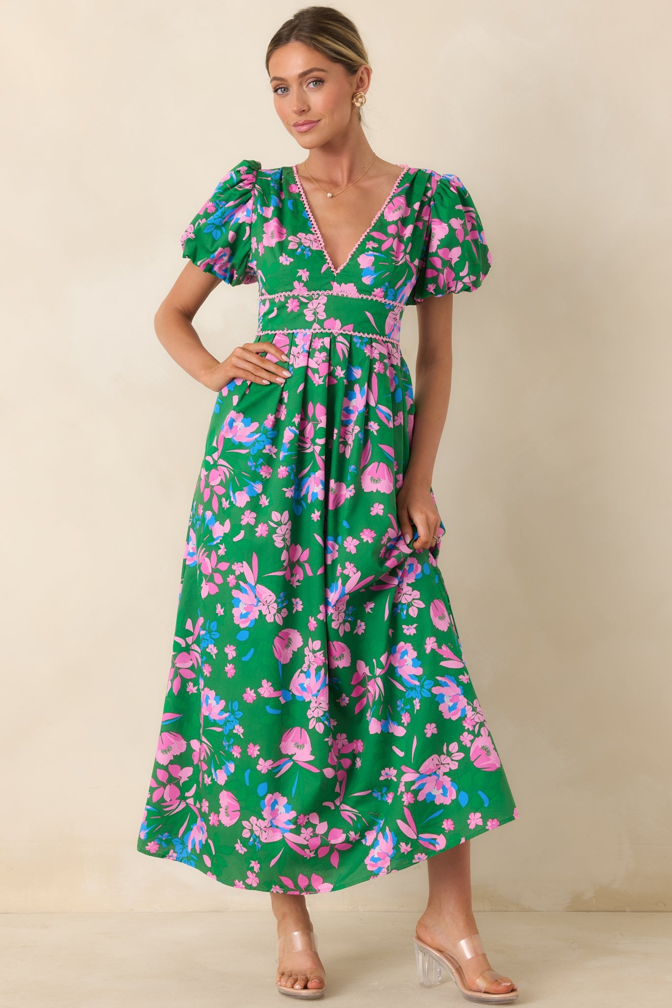 What a Dream Green Multi Floral Cotton Open Back Maxi Dress