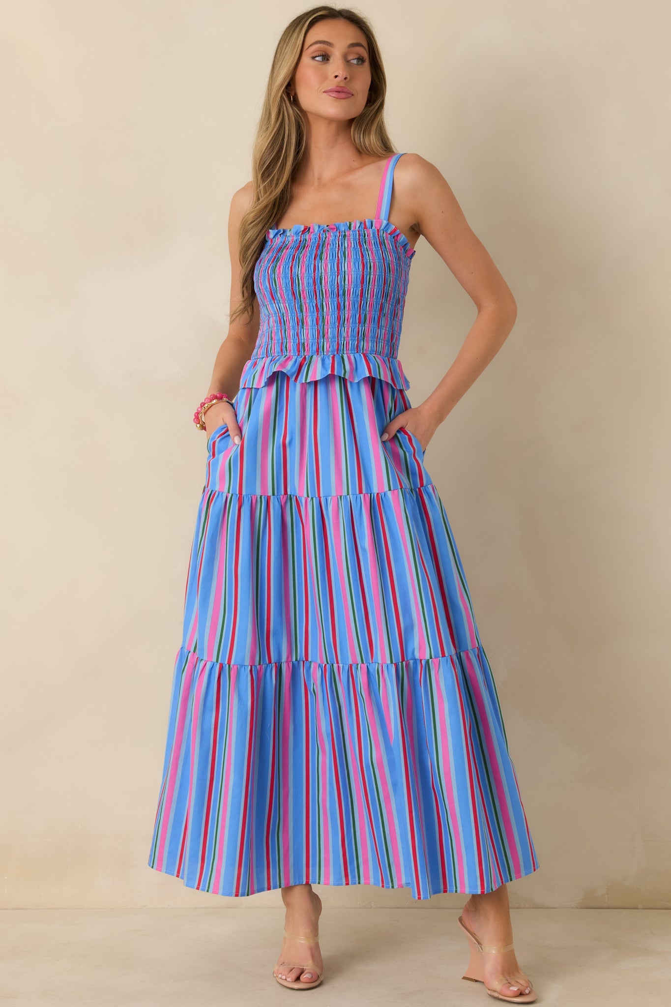 Sunny Side Up Blue Multi Stripe Cotton Smocked Tiered Maxi Dress