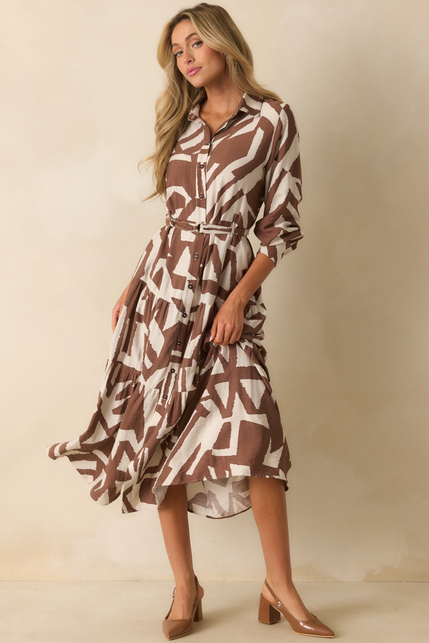 Straight To The Point Brown Abstract Print Belted Maxi Shirt Dress