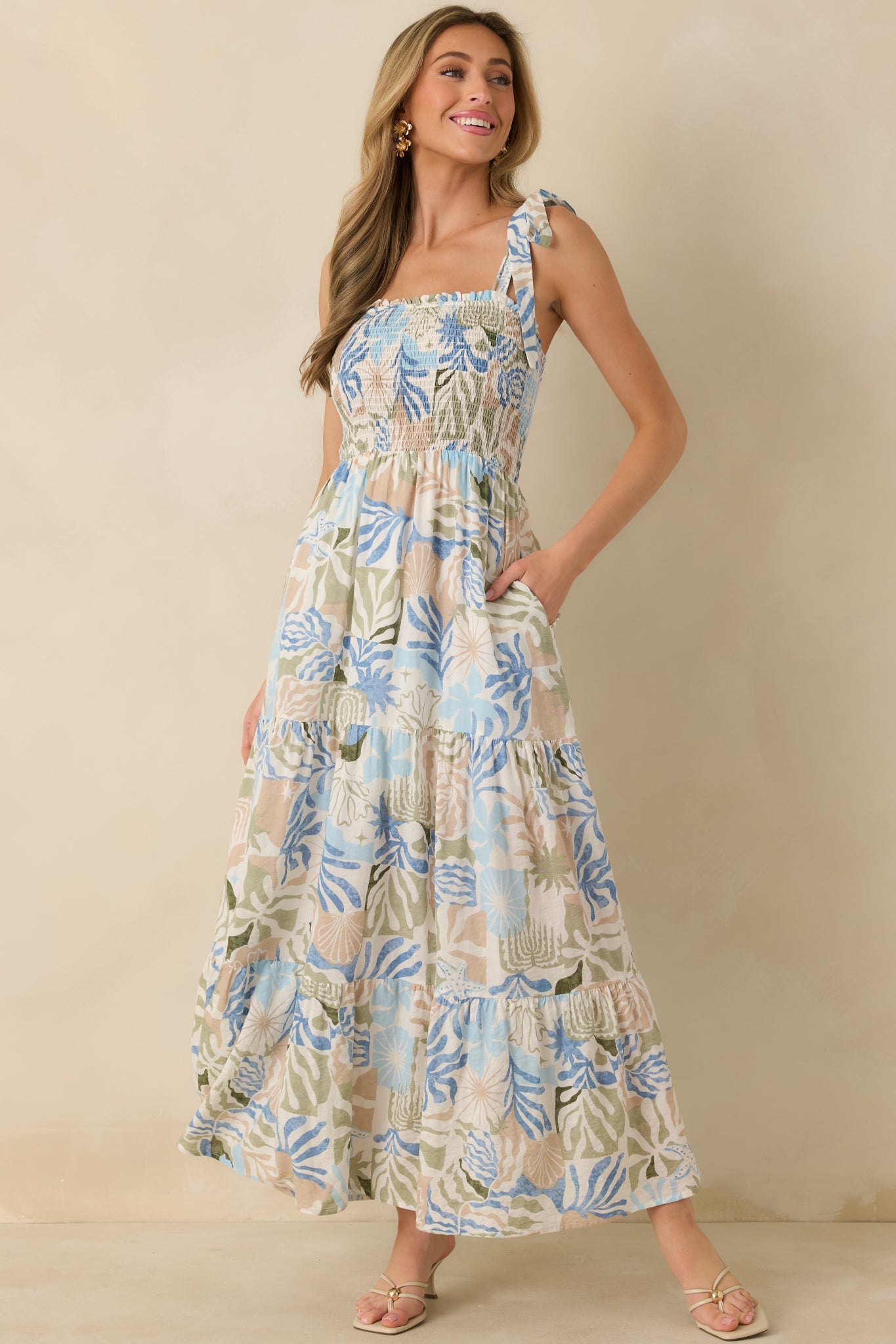 Shoreline Sonata Blue Multi Palm Print Tie Strap Tiered Maxi Dress