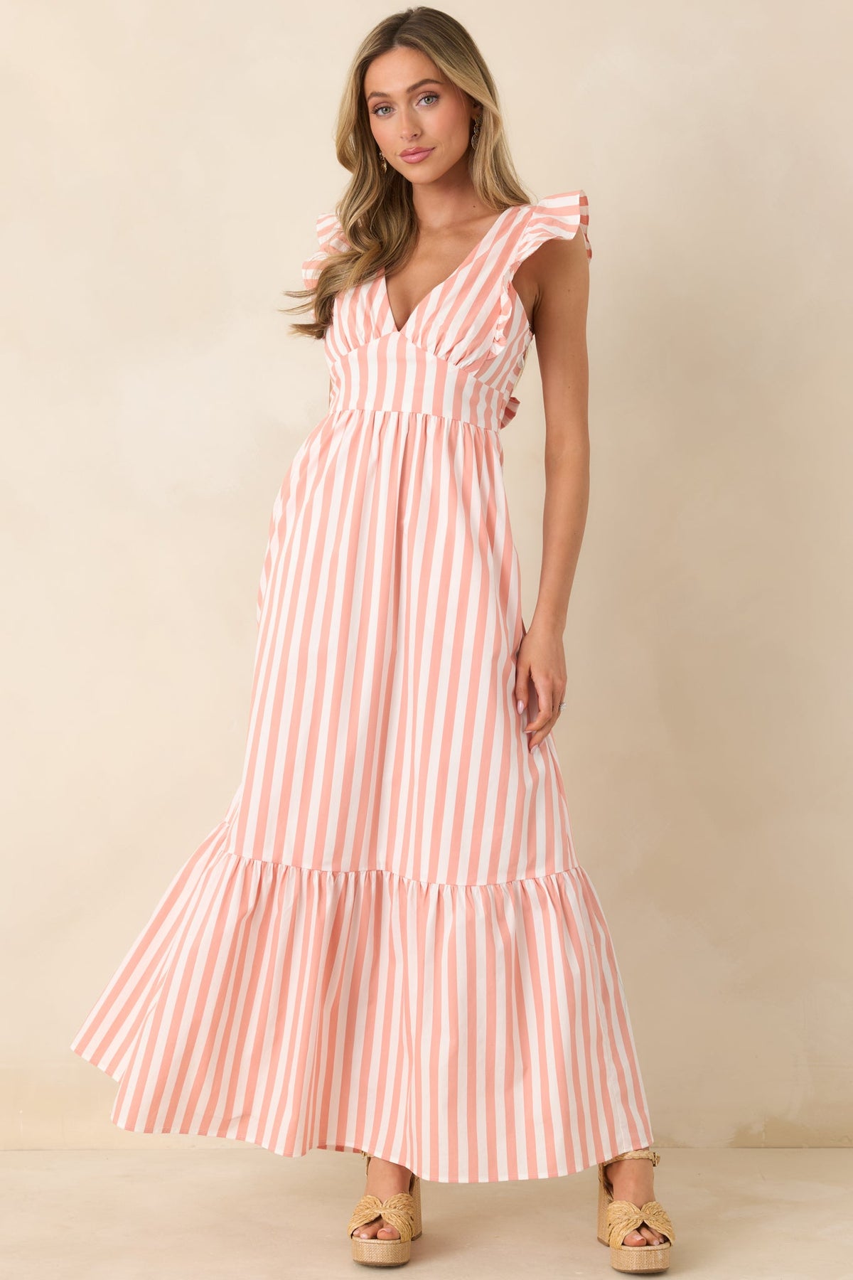 Sunset on the Shore Coral Orange Stripe Tie-Back Tiered Maxi Dress