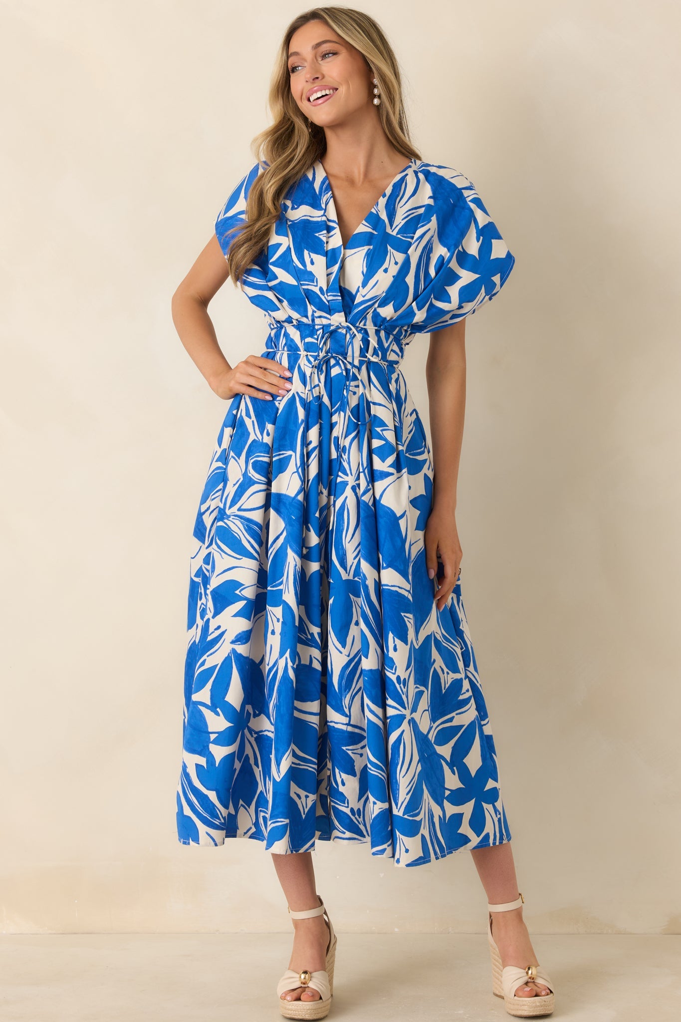 Far From Here Blue & Ivory Floral Print Cotton Maxi Dress