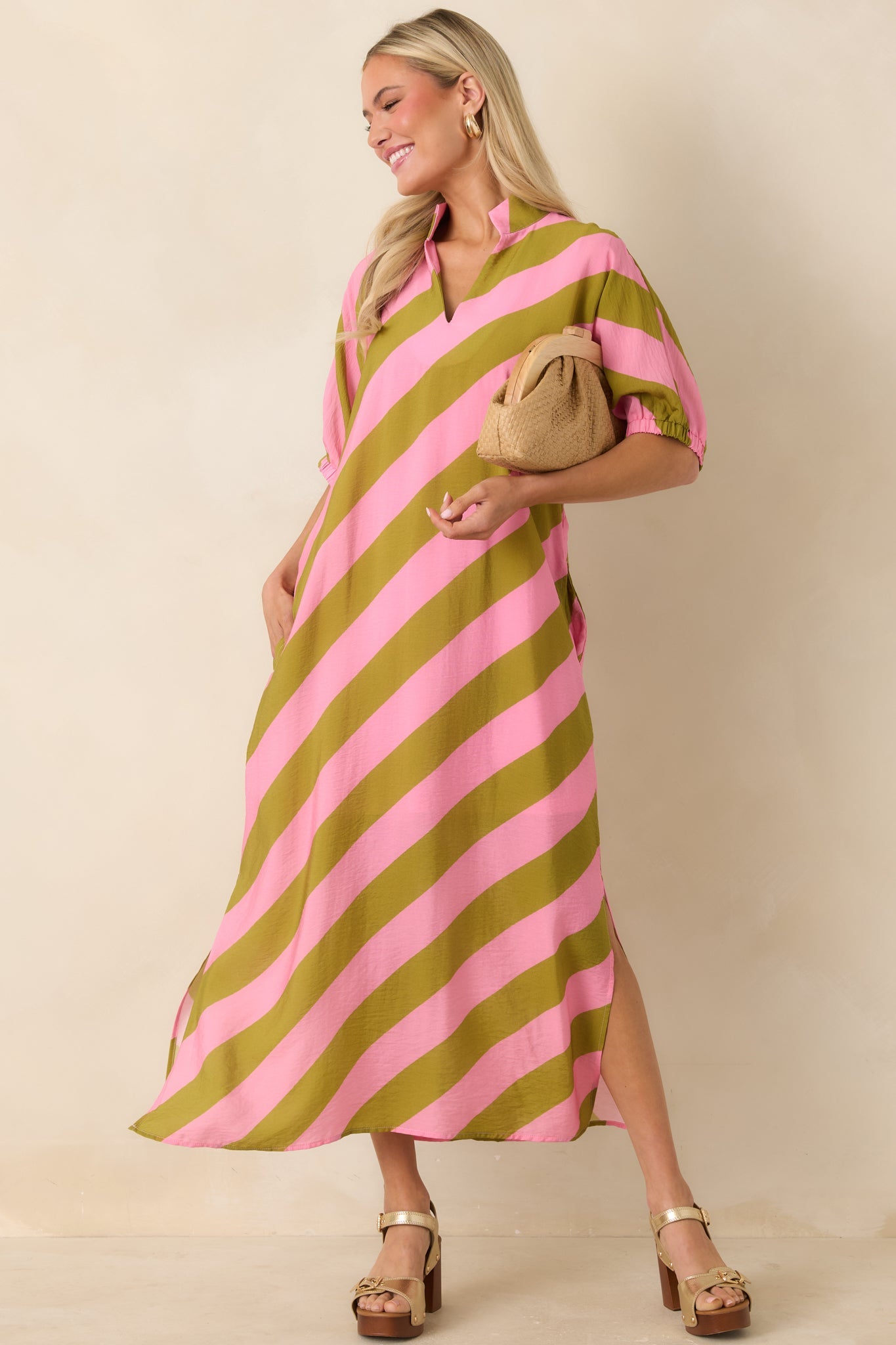 Pretty Persuasive Pink & Olive Green Stripe Maxi Dress