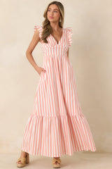 Sunset on the Shore Coral Orange Stripe Tie-Back Tiered Maxi Dress