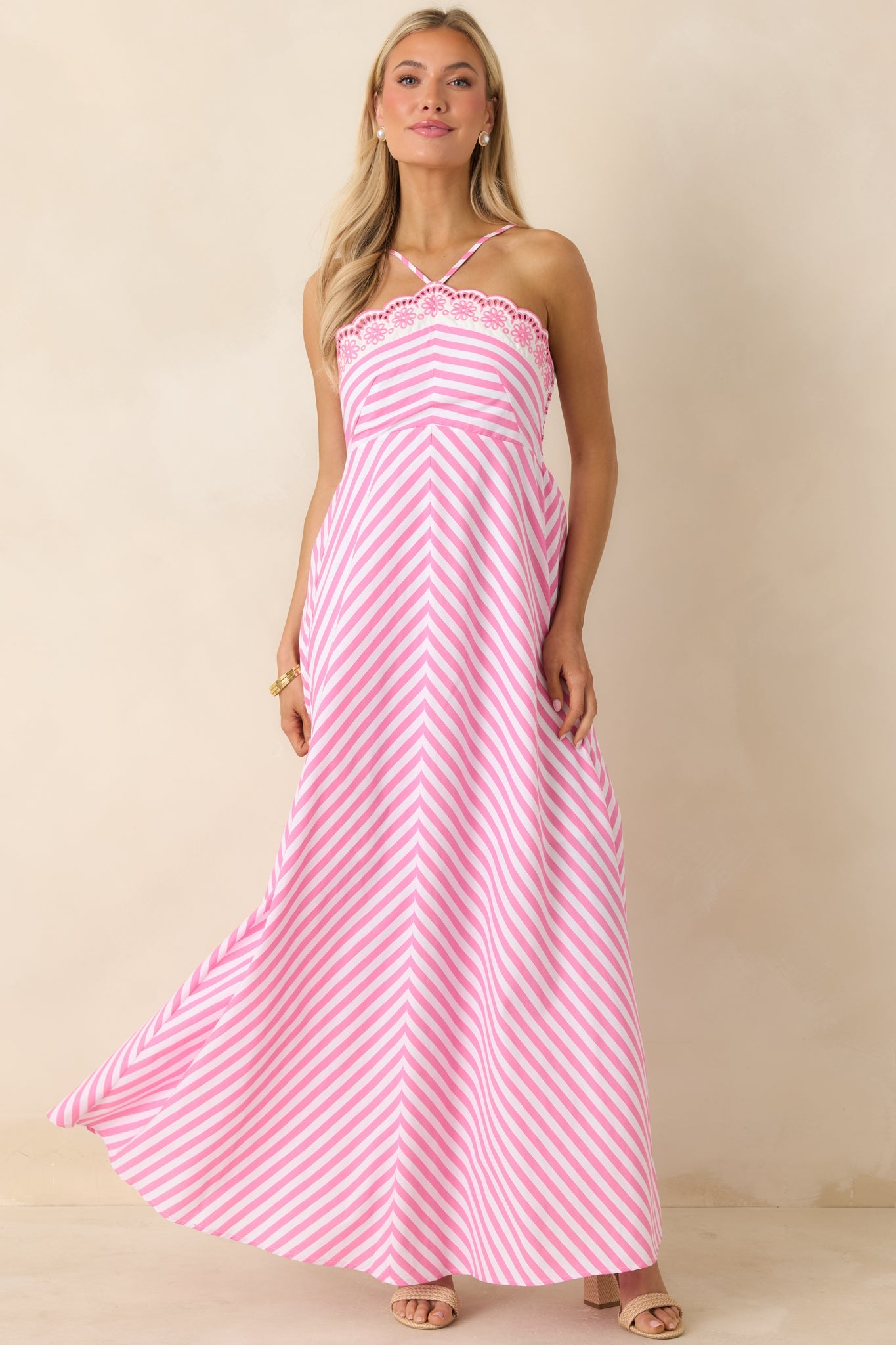 Picnic Pretty Pink Stripe Cotton Floral Hem Halter Maxi Dress