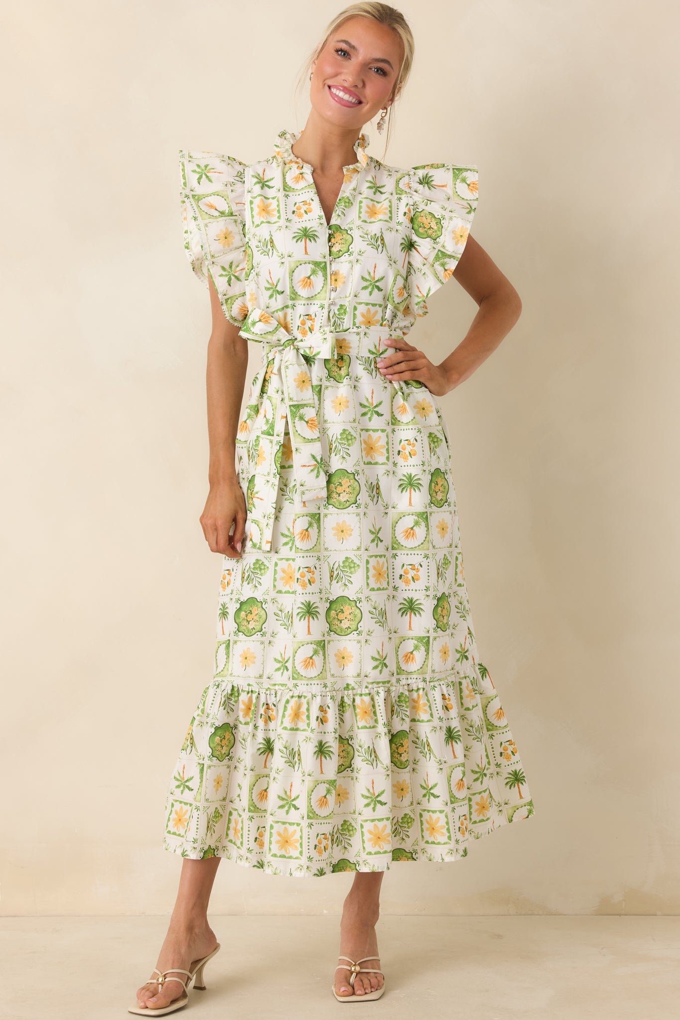 Somewhere Sunny Green Multi Cotton Ruffle Maxi Dress