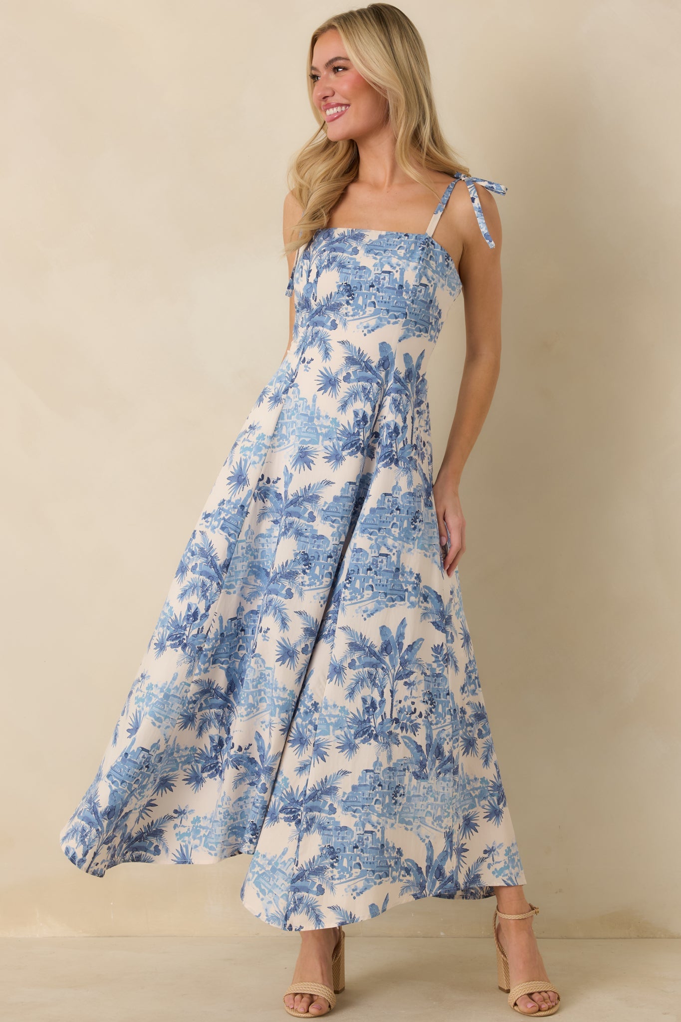 Santorini Sketch Blue Palm Print Tie Strap Maxi Dress