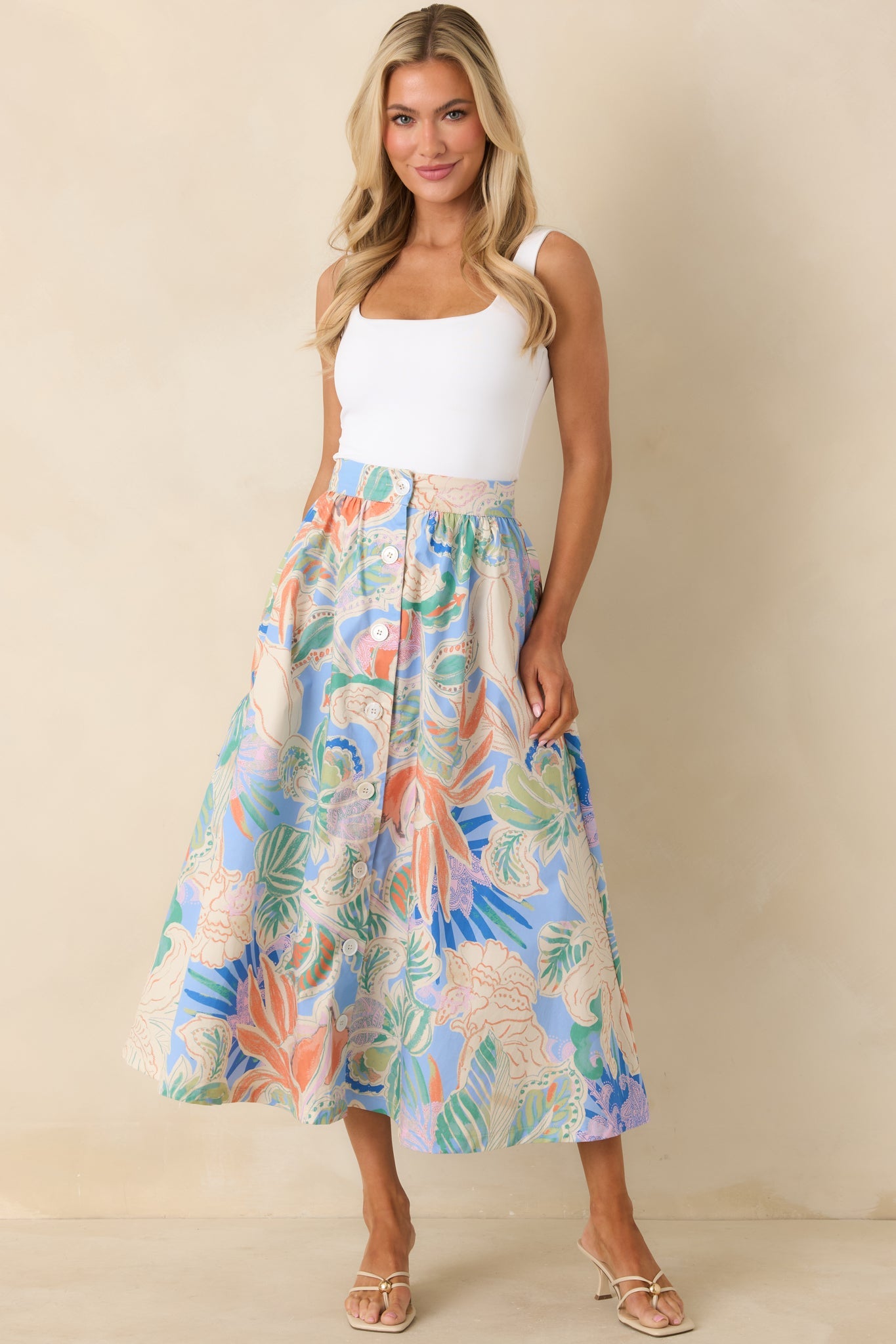 Summer Sketchbook Blue Multi Floral Button-Front Maxi Skirt