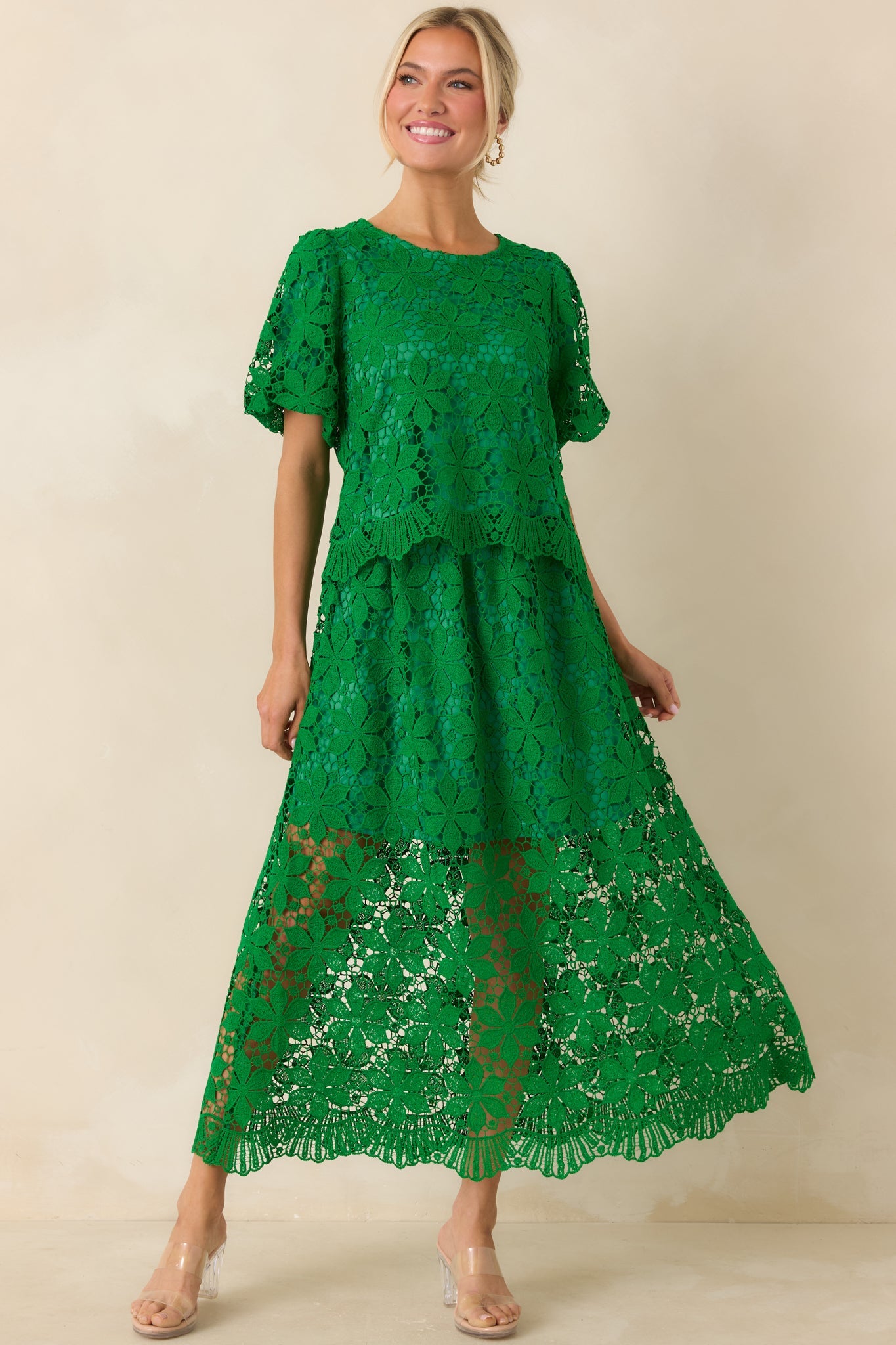 All the Attention Green Floral Lace Maxi Skirt