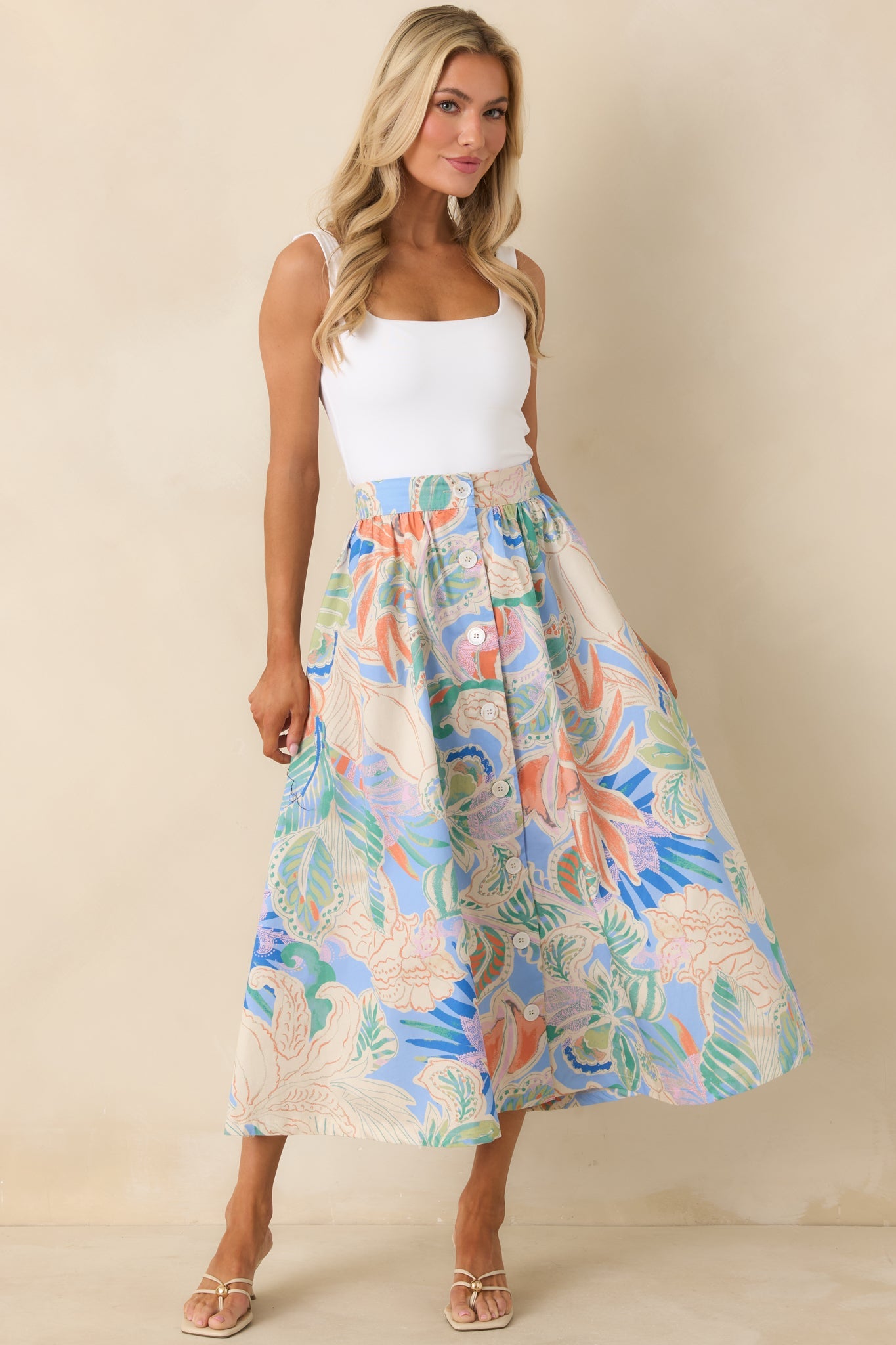 Summer Sketchbook Blue Multi Floral Button-Front Maxi Skirt