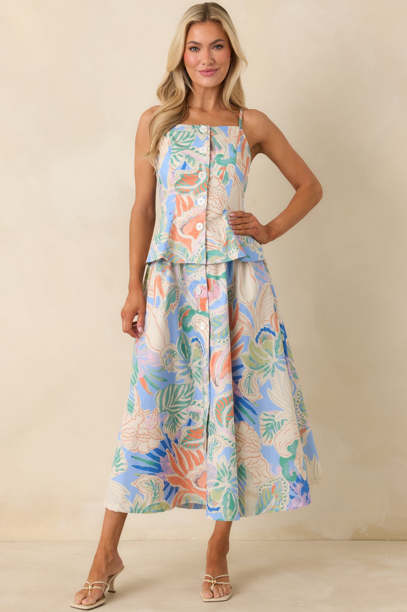 Summer Sketchbook Blue Multi Floral Button-Front Maxi Skirt