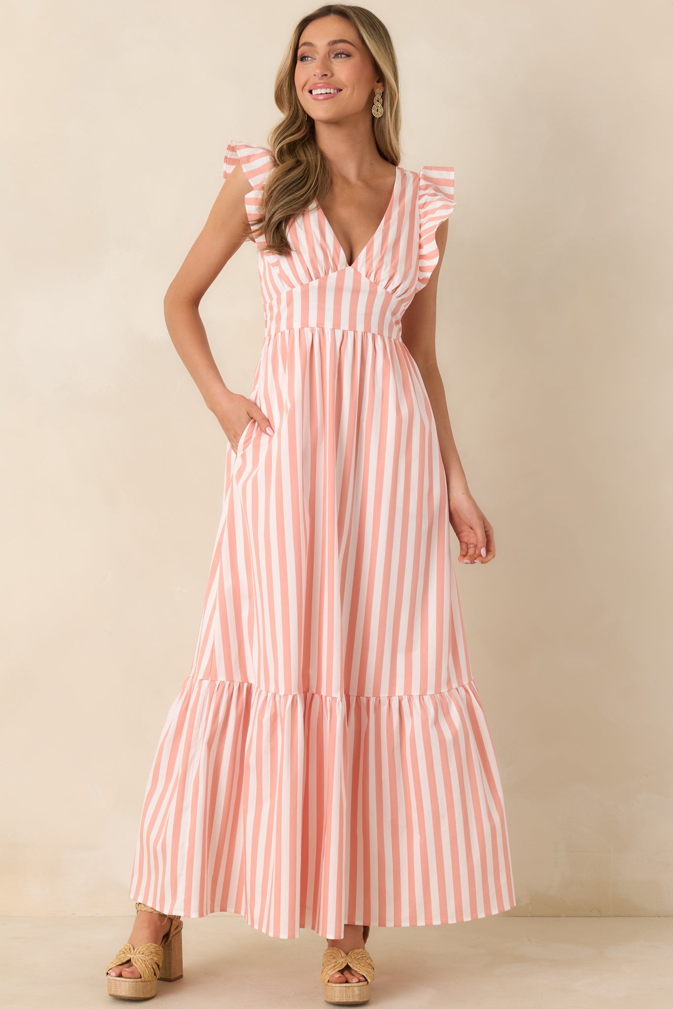 Sunset on the Shore Coral Orange Stripe Tie-Back Tiered Maxi Dress