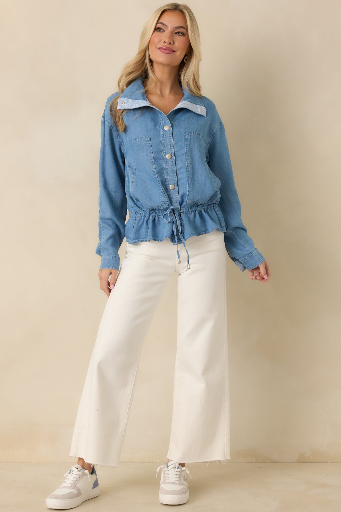 The Right Touch Medium Wash Lightweight Denim Button-Front Jacket