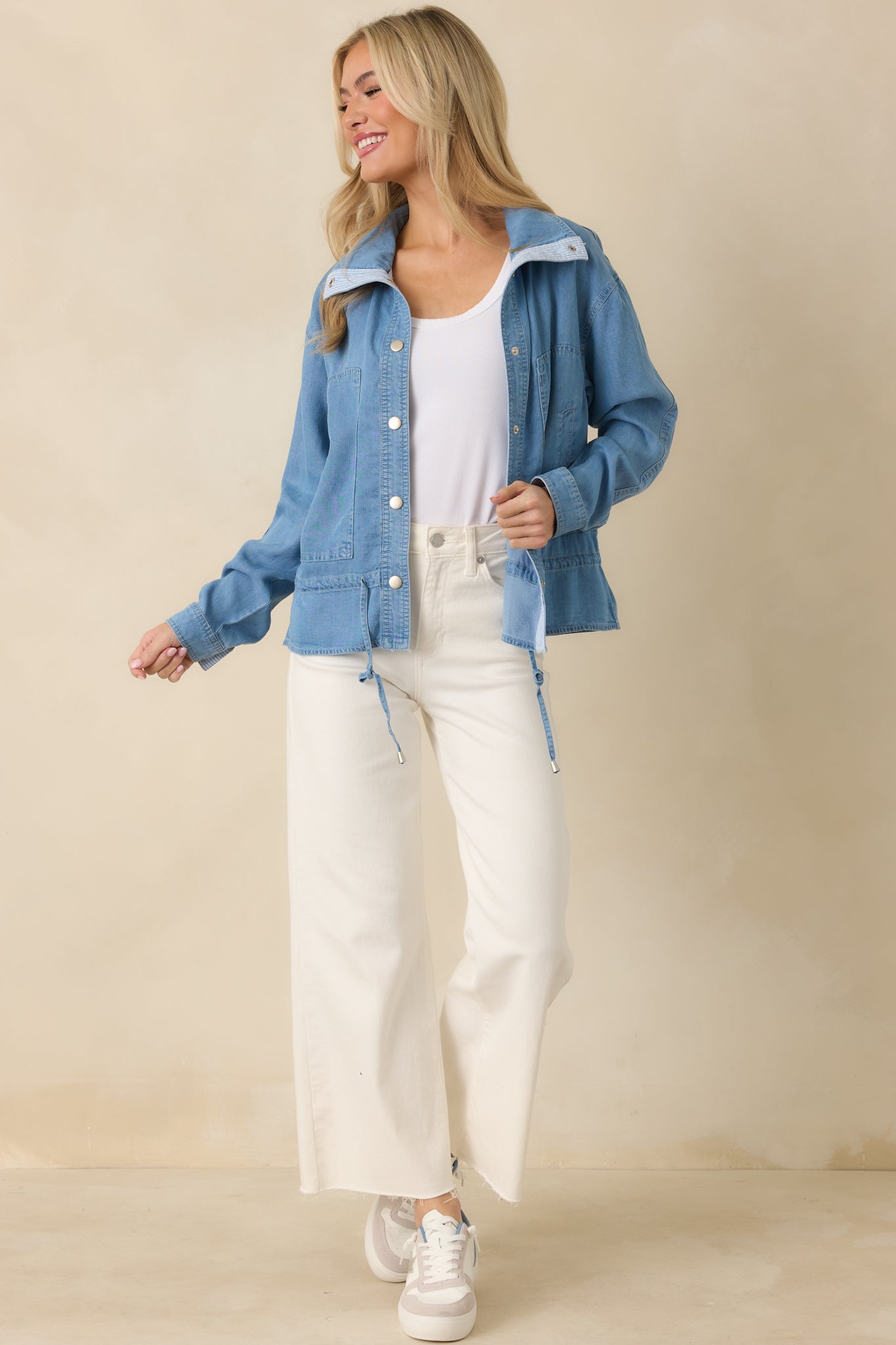The Right Touch Medium Wash Lightweight Denim Button-Front Jacket
