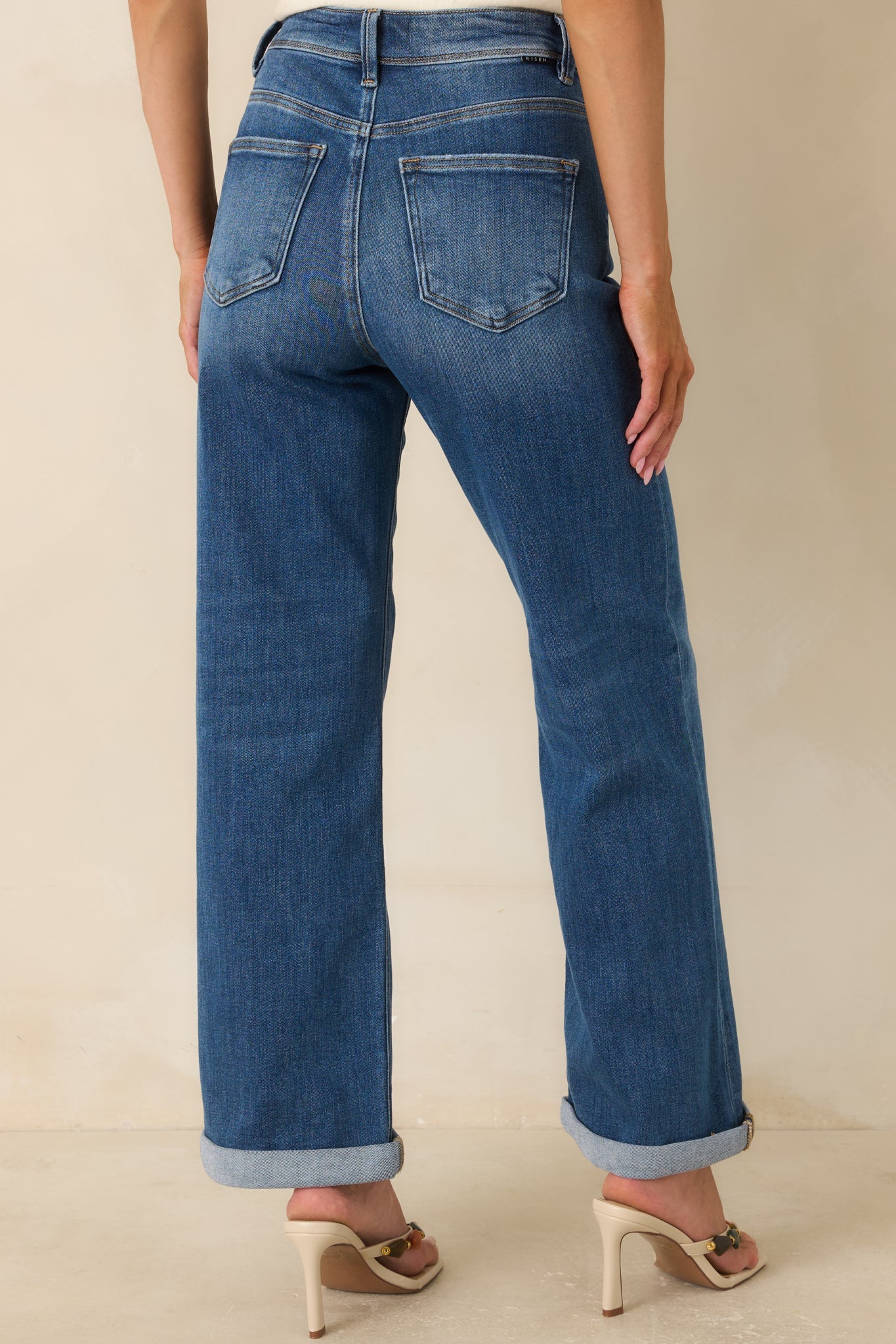 Let's Roll Medium Wash High Rise Cuffed Straight Leg Jeans
