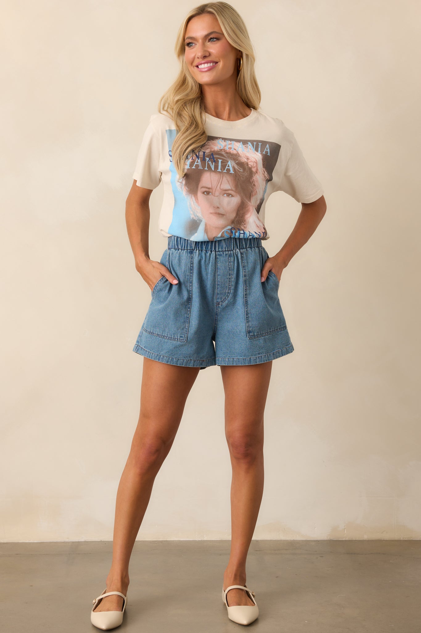 Off We Go Medium Wash Elastic Waist Cotton Denim Shorts