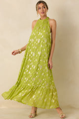 Glow With Grace Chartreuse Metallic Floral Halter Maxi Dress