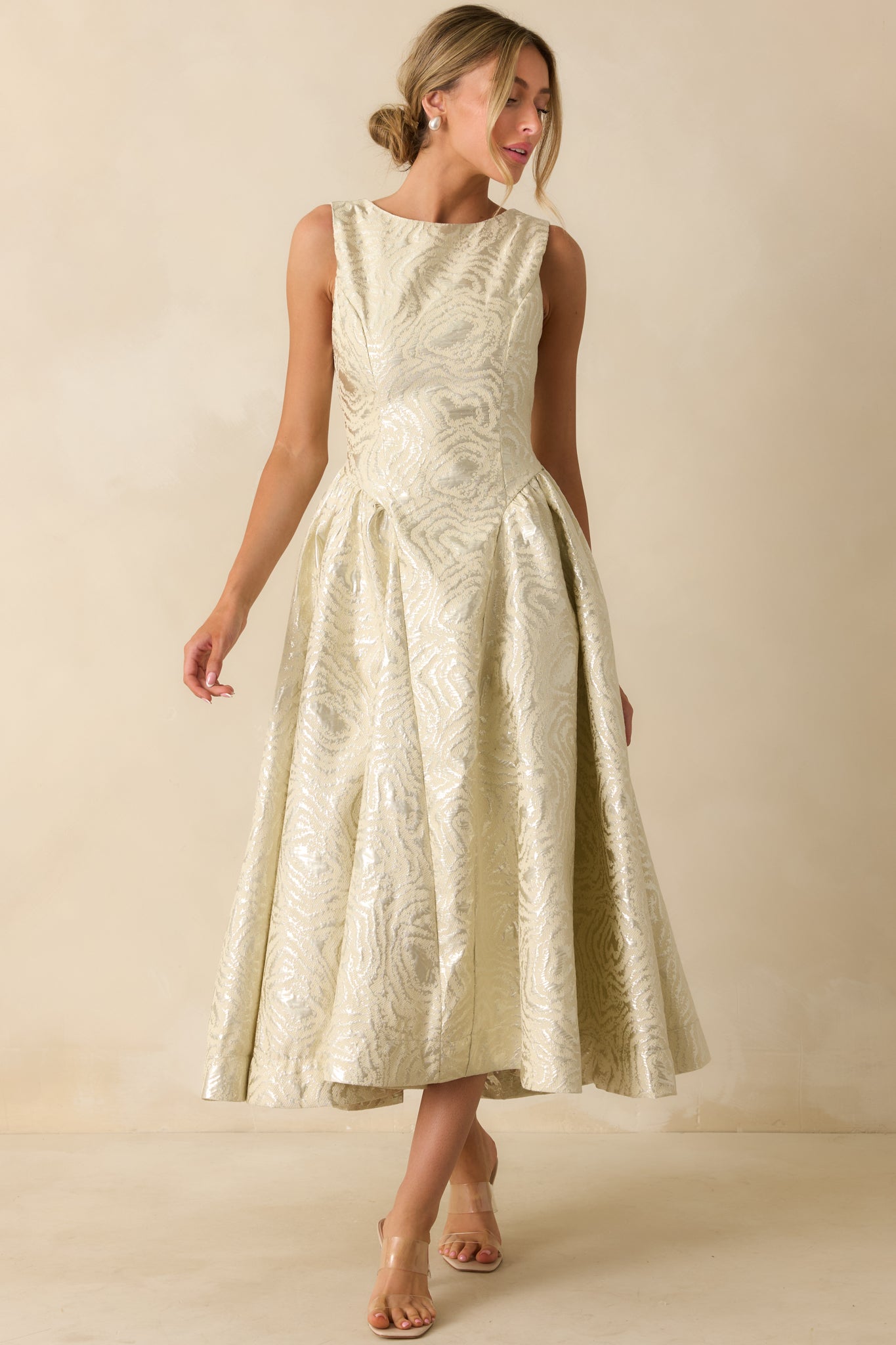 Written in Light Ivory Metallic Jacquard Sleeveless Maxi Dress