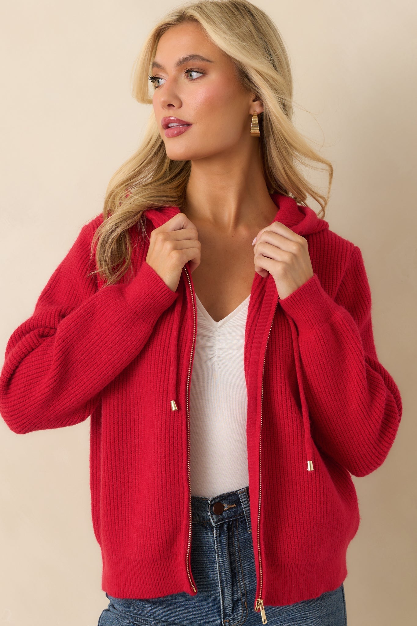 Call It What It Is Red Ribbed Knit Long Sleeve Zip Up Hoodie