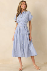 What's to Come Blue Stripe Belted Button Front Midi Dress