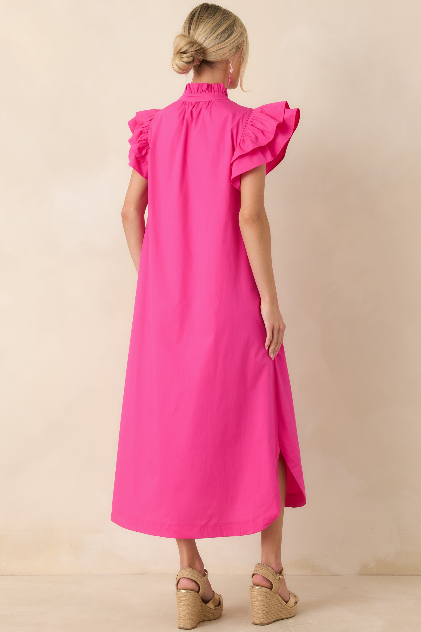 Exactly As Planned Fuchsia Cotton Ruffle Button-Front Midi Dress