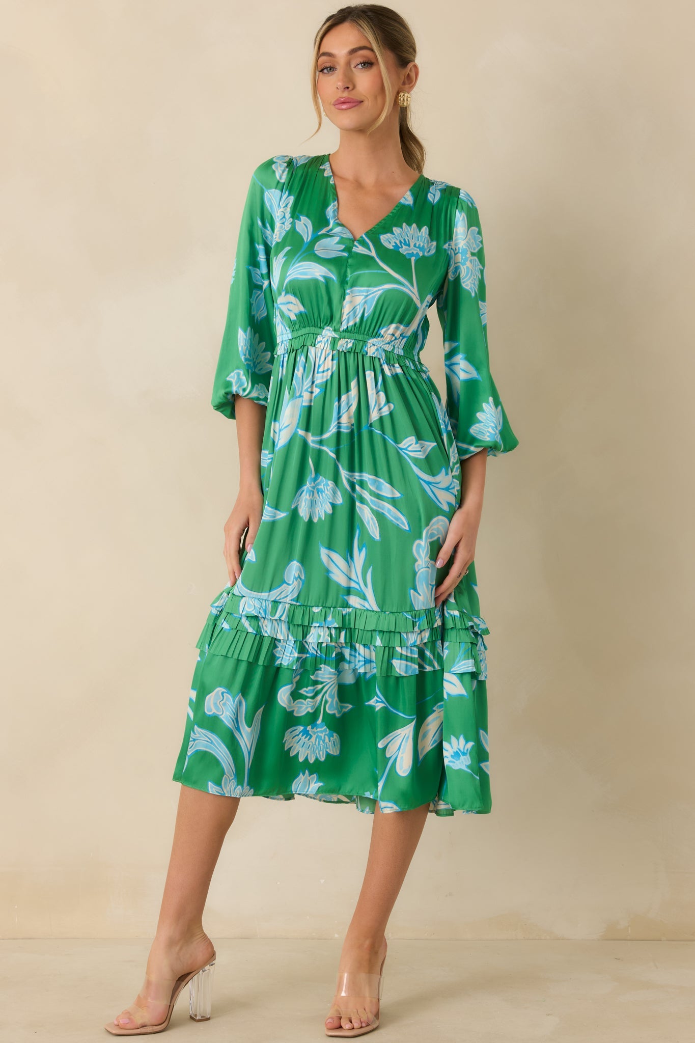 In Perfect Harmony Green & Blue Floral Print V-Neck Midi Dress