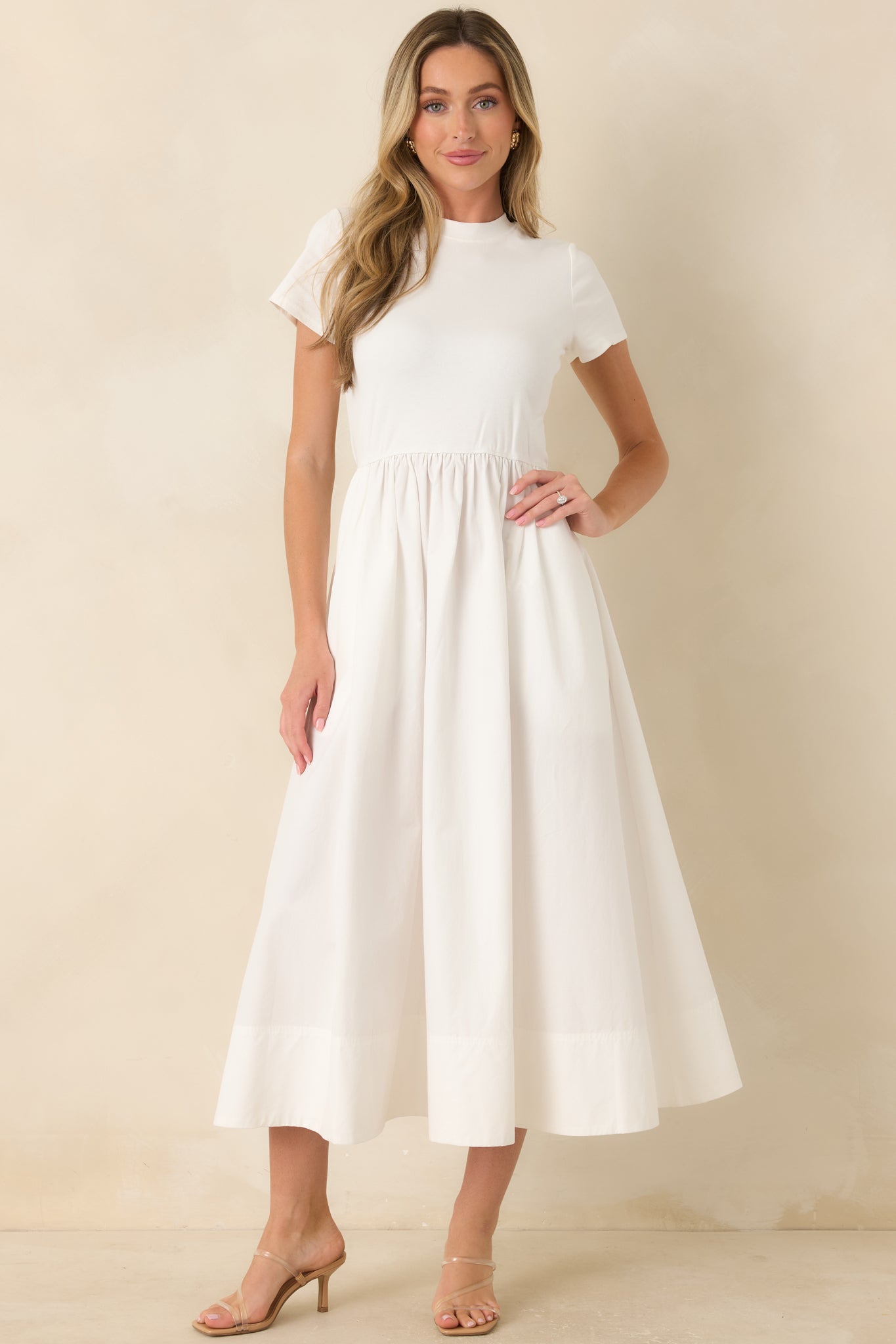 Prosperina Aria White Cotton Short Sleeve Midi Dress