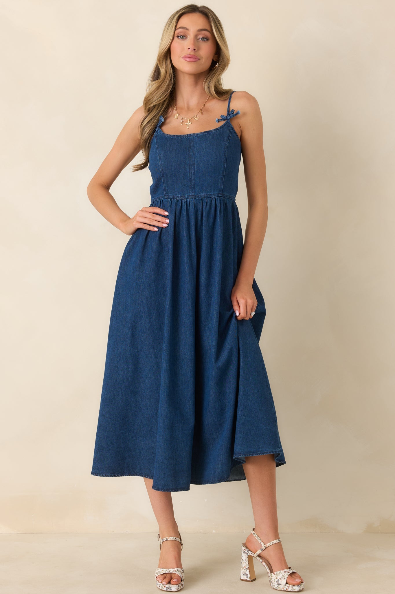 Tied at Twilight Dark Wash Bow Strap Detail Cotton Midi Dress