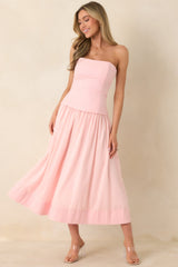 You Already Know Pink Cotton Bustier Bodice Strapless Midi Dress