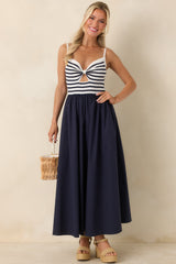 Exactly Like This Navy Stripe Ribbed Knit Cutout Cotton Maxi Dress