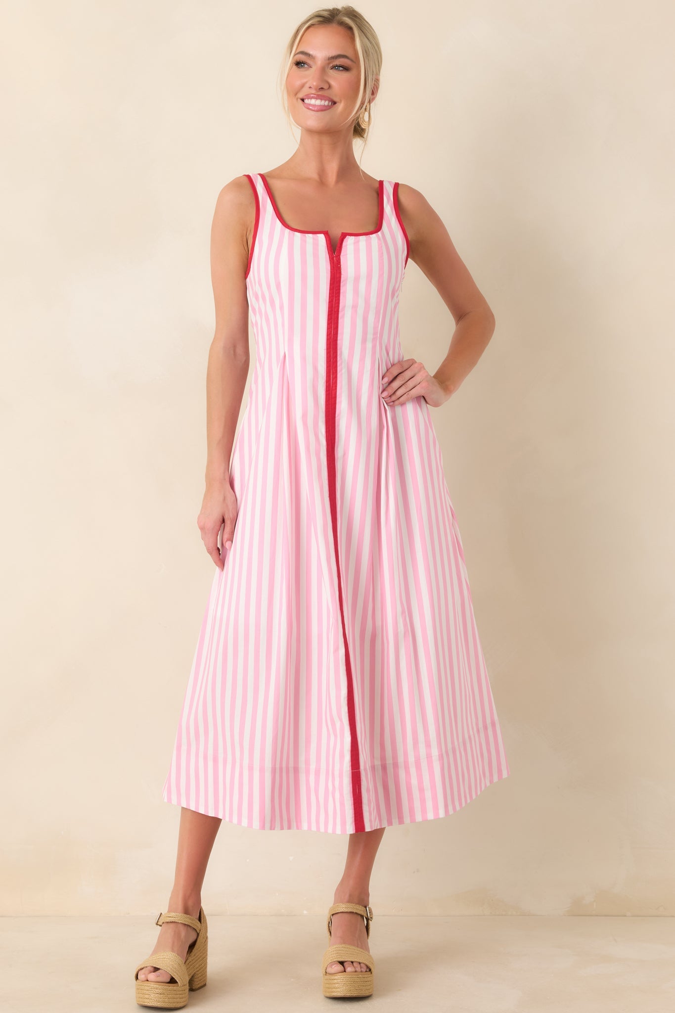 All Smiles Pink & White Stripe Midi Dress