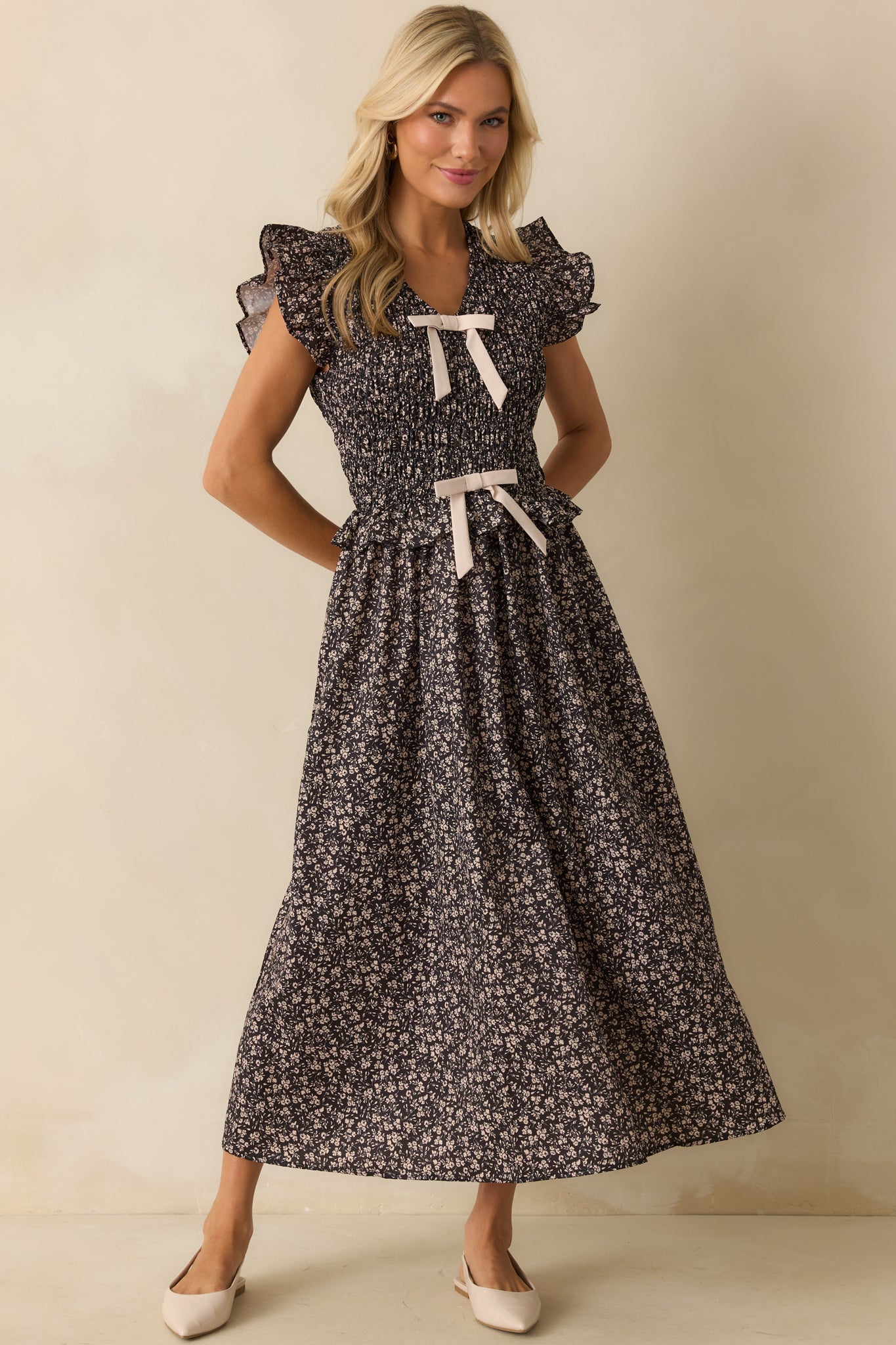 All Signs Point Here Black Floral Print Flutter Sleeve Maxi Dress