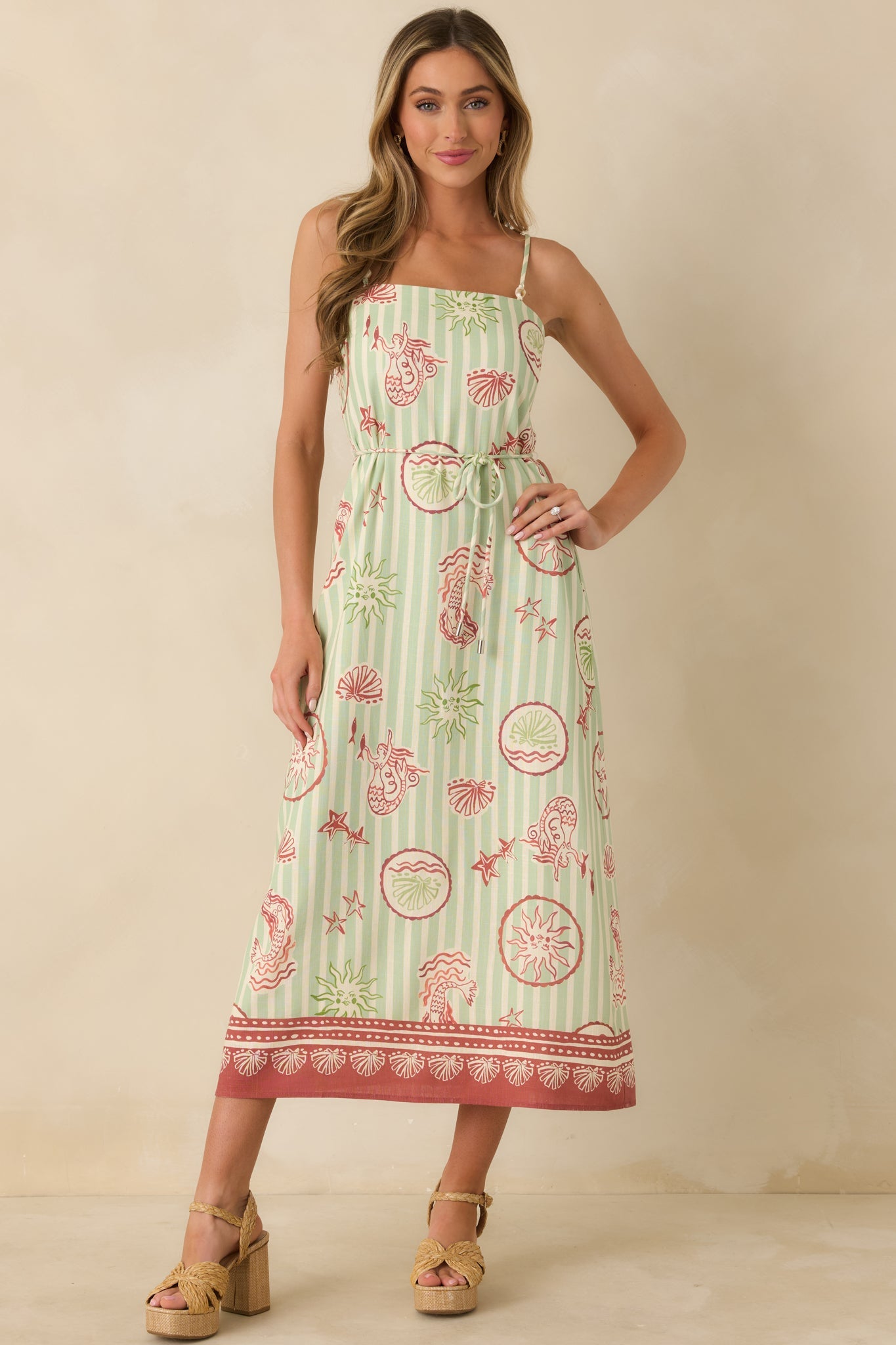 MINKPINK Soleil Green Stripe Linen Blend Tie-Waist Midi Dress