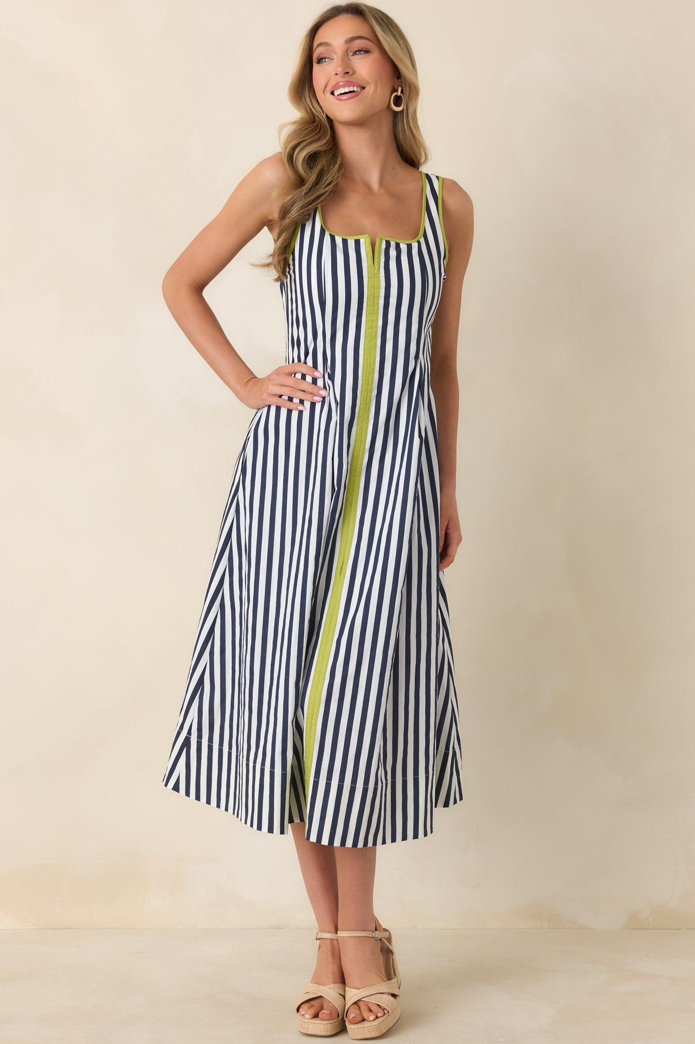 All Smiles Navy & Chartreuse Stripe Cotton Midi Dress