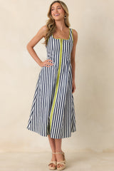 All Smiles Navy & Chartreuse Stripe Cotton Midi Dress