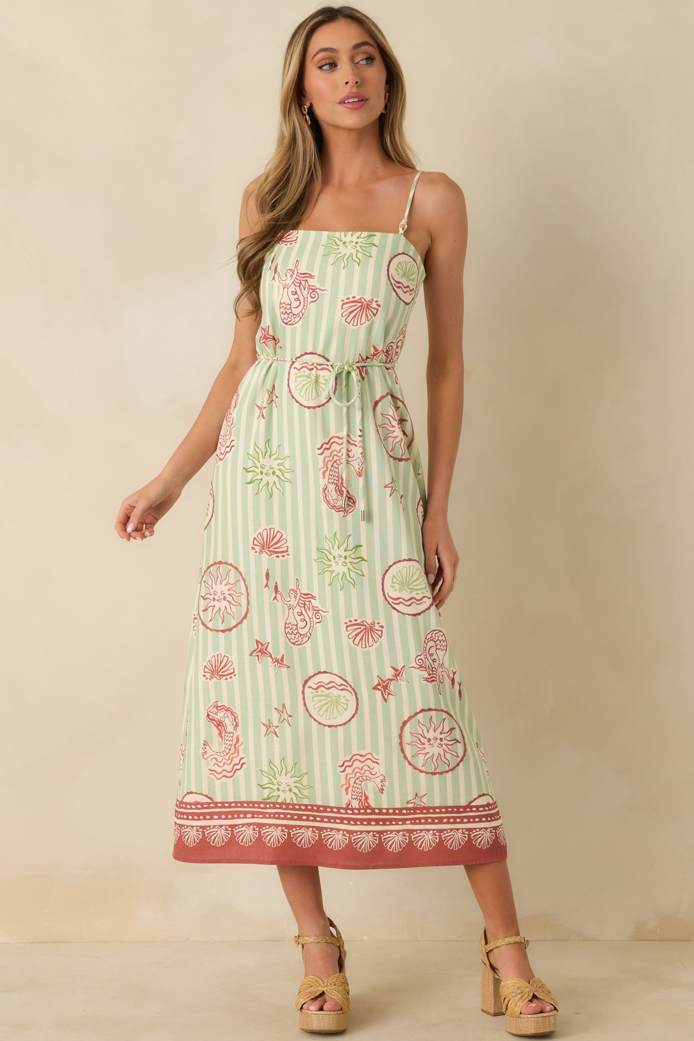 MINKPINK Soleil Green Stripe Linen Blend Tie-Waist Midi Dress