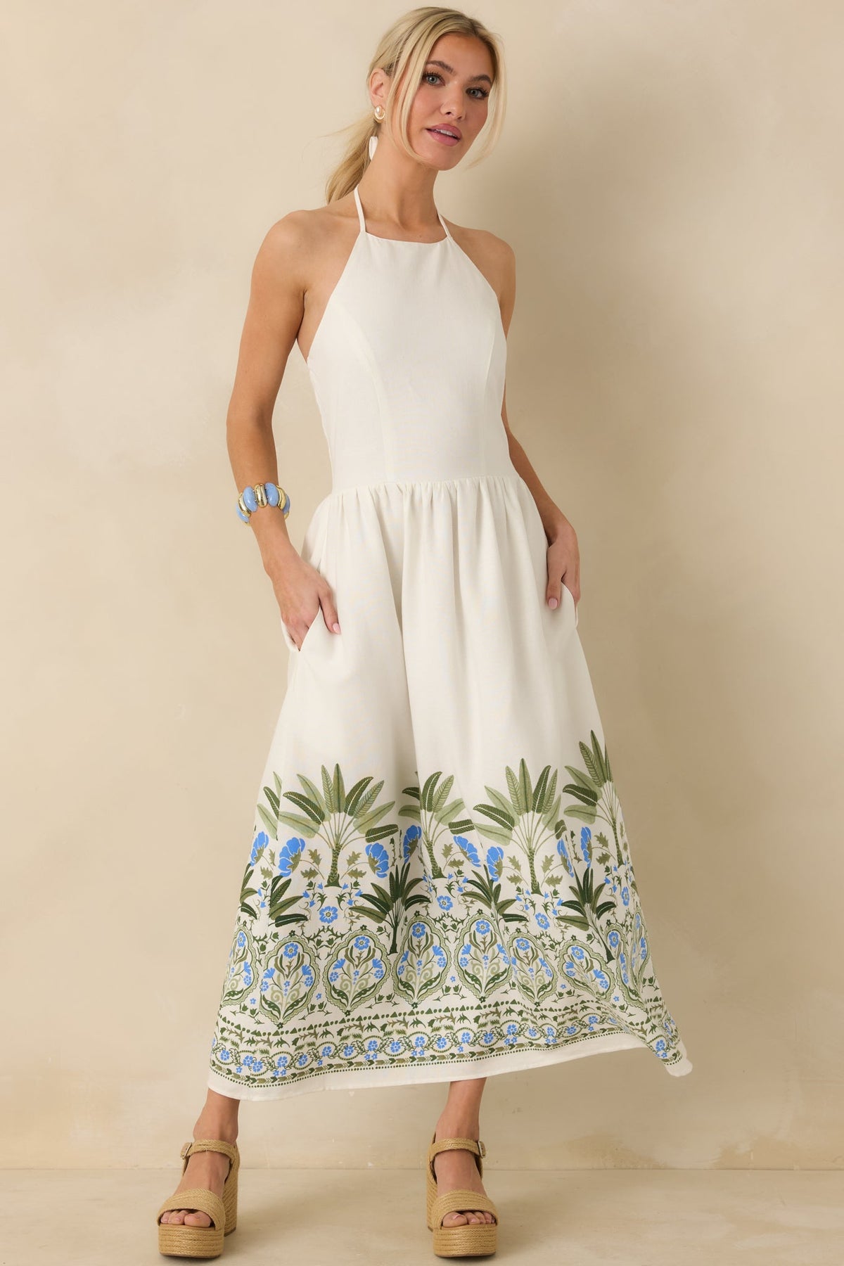 Palm Villa Ivory Multi Floral & Palm Halter Midi Dress