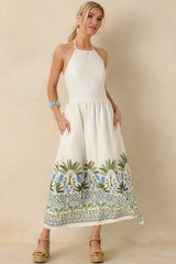 Palm Villa Ivory Multi Floral & Palm Halter Midi Dress