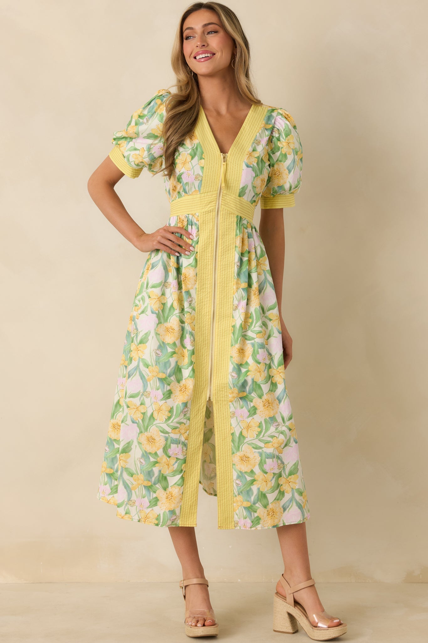 Color Me Floral Yellow Multi Floral Print Cotton Zip Front Midi Dress
