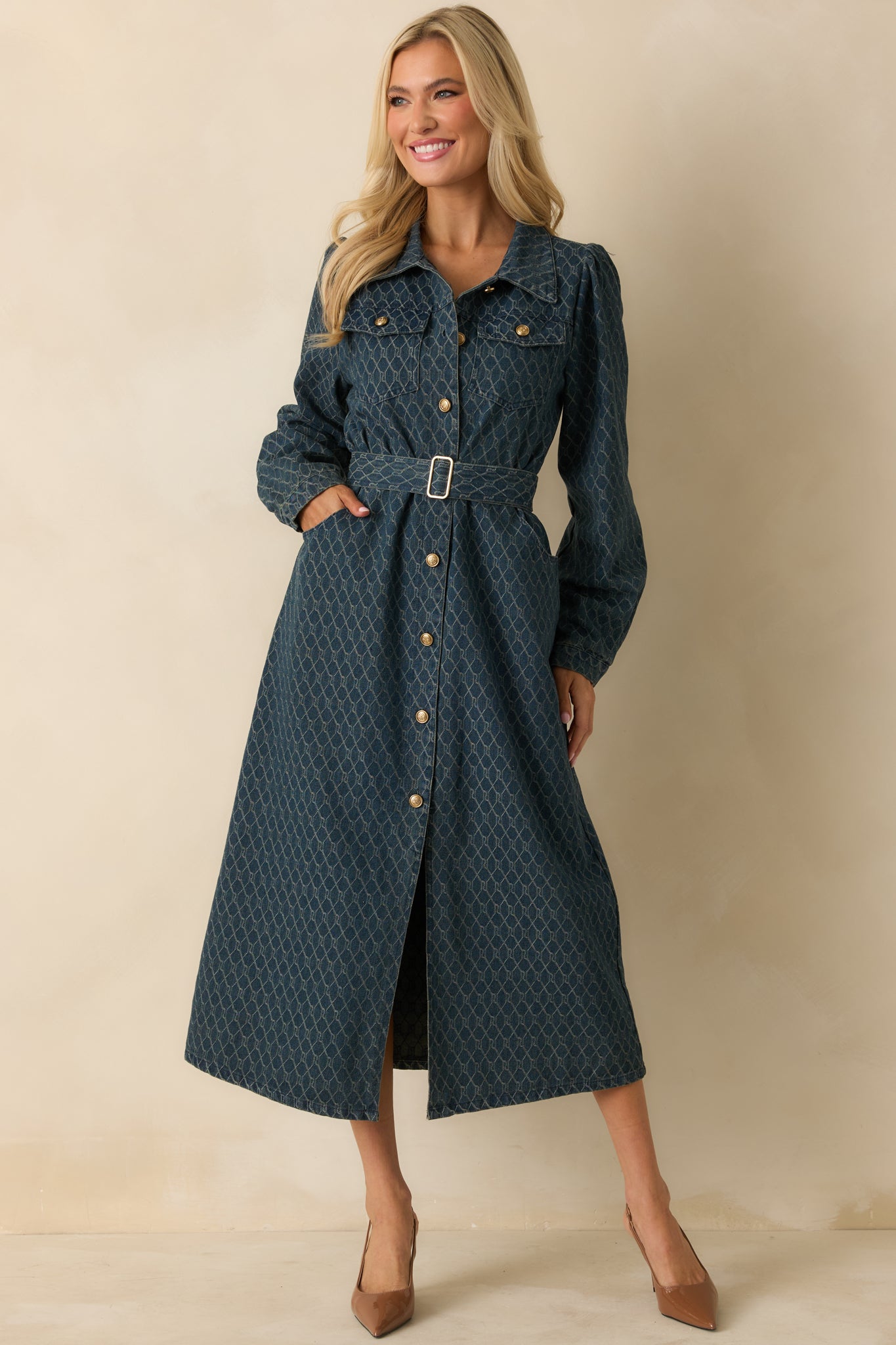 Just As I Said Blue Cotton Patterned Denim Belted Midi Dress