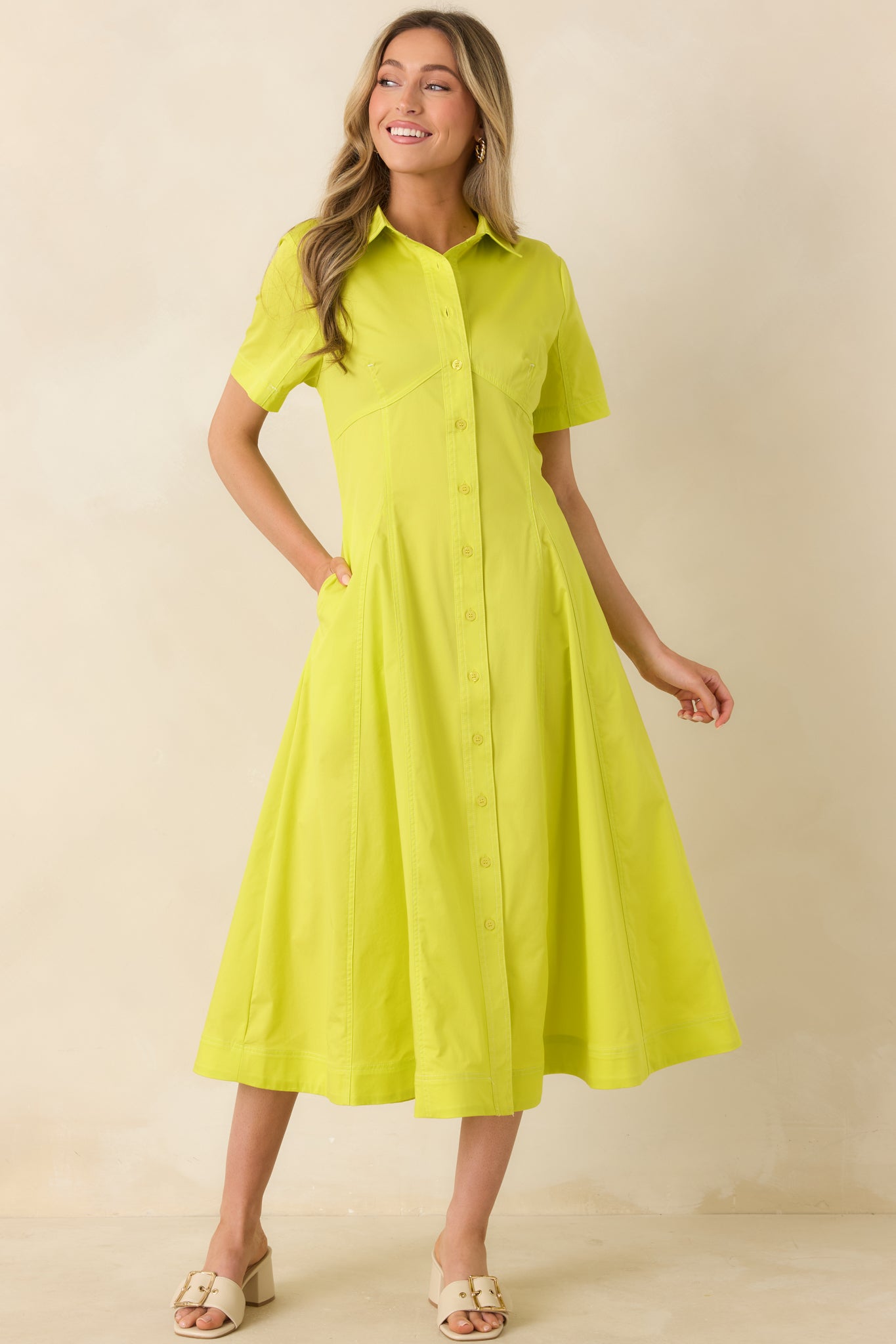Make It Look Easy Chartreuse Short Sleeve Midi Shirt Dress
