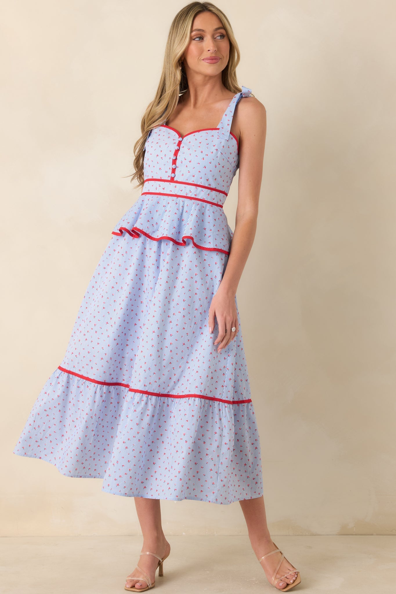 Sweet Tea in July Light Blue & Red Cotton Floral Stripe Peplum Midi Dress