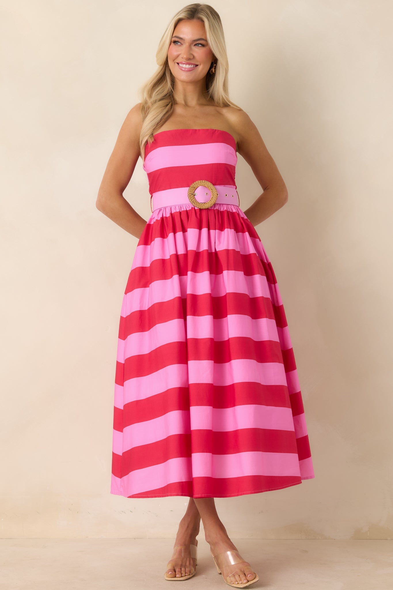 The Amanda Pink & Red Stripe Cotton Strapless Midi Dress