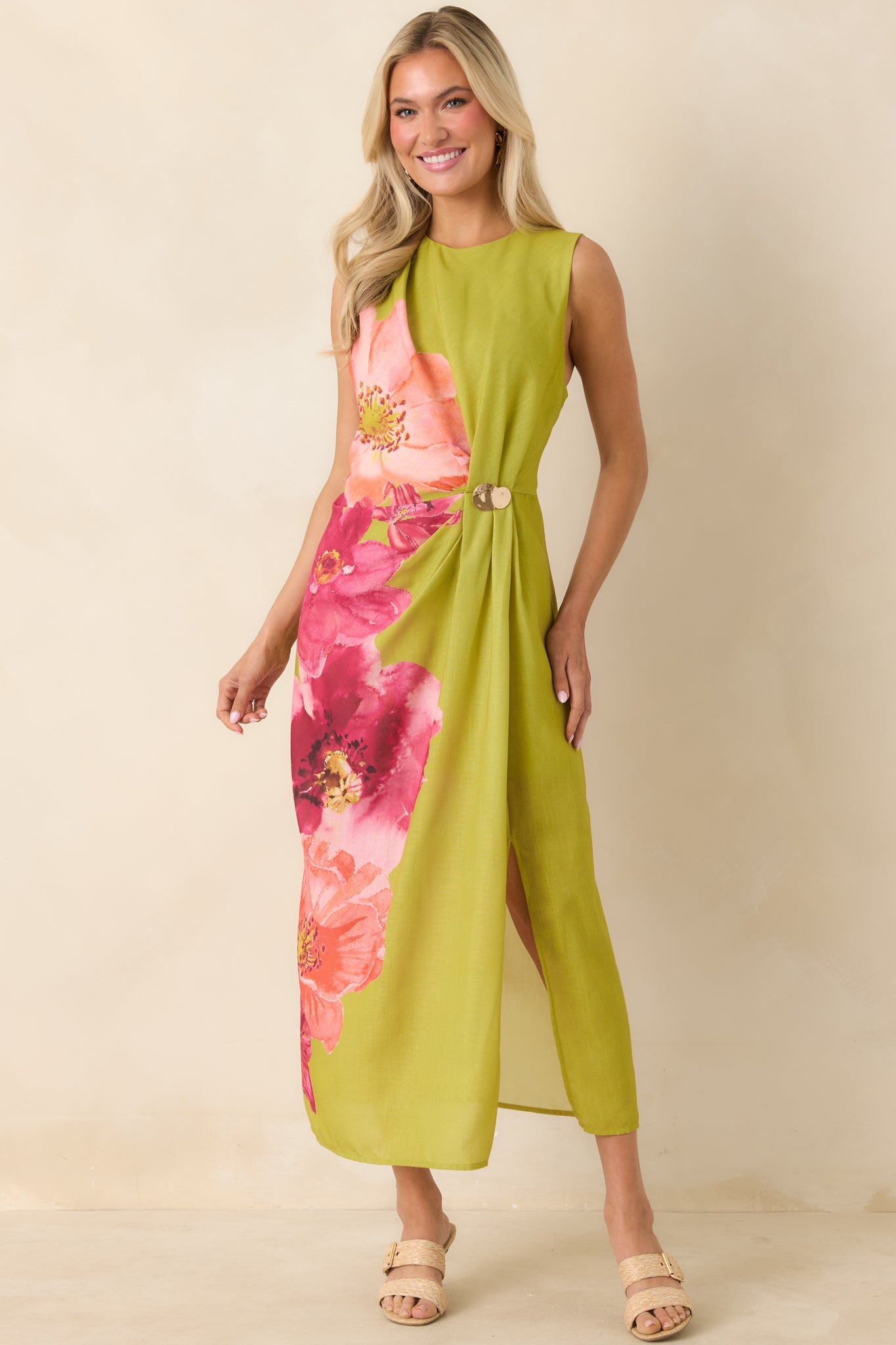 Do a Double Take Chartreuse Multi Floral Print Midi Dress
